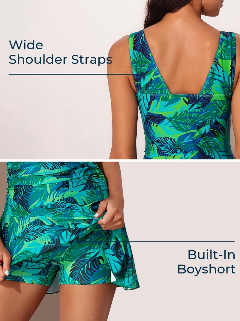 MiYang Women's Plus-Size Flower Printing Shaping Body One Piece Swim Dresses Swimsuit Green Leaf Printed Large (US 12-14) - Image 3